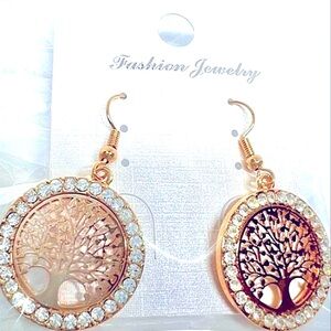 Beautiful Rose Gold "tree of life" Dangle Earrings Crystal Rhinestones NEW